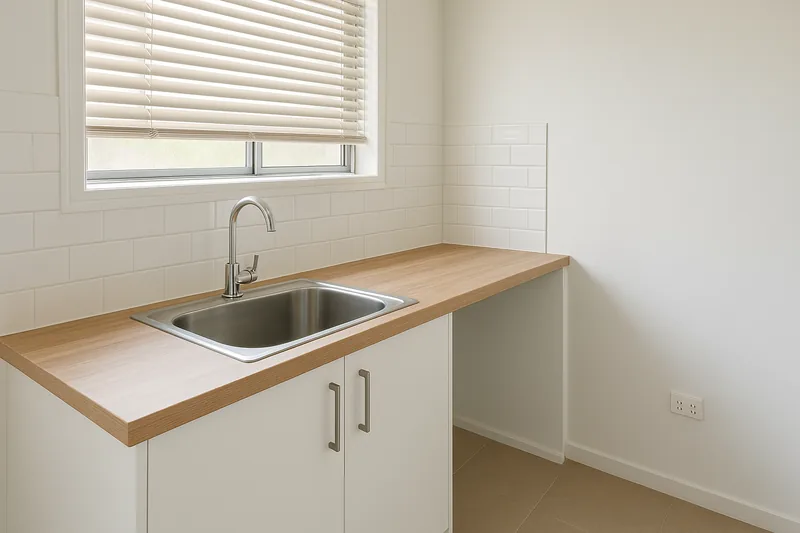 A renovated laundry with a stainless steel trough set into a white cabinet with a timber-look top, a white tiled splashback and an empty space beside it — laundry renovation, Ipswich. Illustrative example.