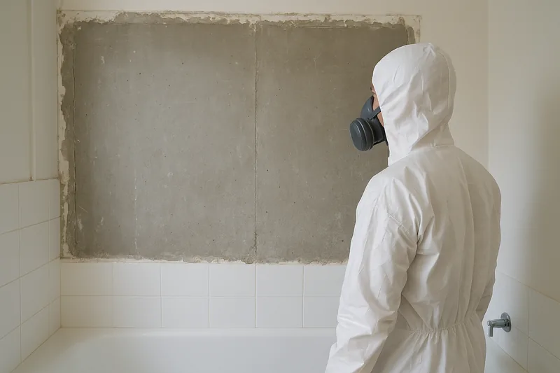 A person in a white disposable coverall and half-face respirator, seen from behind in profile, looking at flat wall sheeting exposed where tiles were removed above a bath — older home bathroom renovation, Ipswich. Illustrative example.
