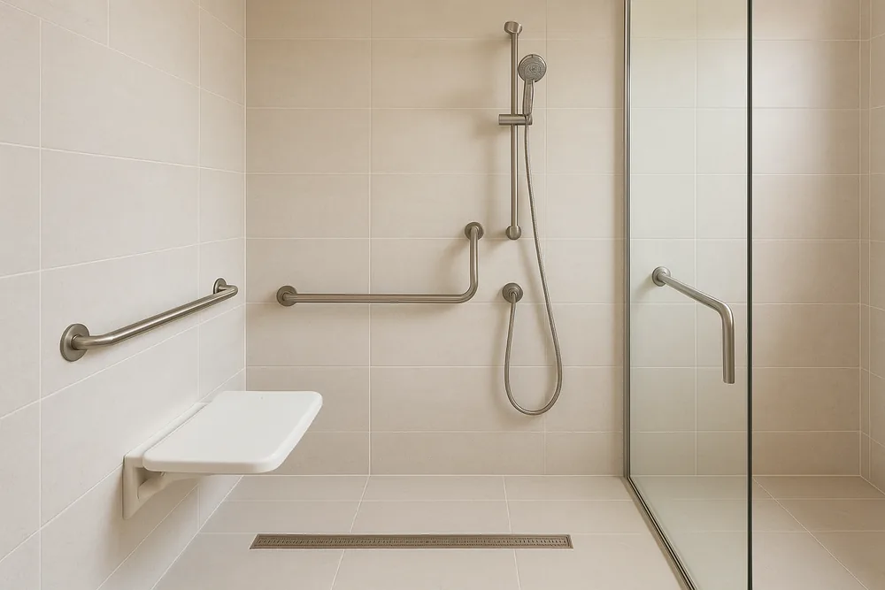 A level-entry shower behind a glass screen with a fold-down seat, stainless steel grab rails, a hand shower on a rail and a linear floor drain — accessible bathroom, Ipswich. Illustrative example.