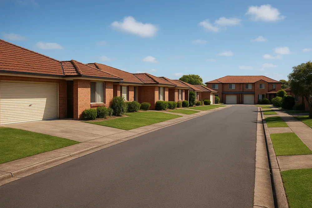 A street of single-storey brick houses with tiled roofs, garages and lawns, with a two-storey brick building with two garages at the far end of the row, a footpath and kerb — bathroom renovation, Ipswich. Illustrative example.