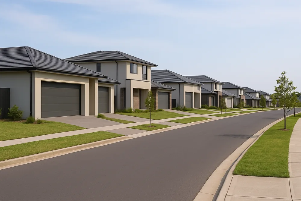 A street of modern two-storey and single-storey houses with rendered facades, dark tiled roofs, double garages, lawns and young street trees along a curved footpath and kerb — bathroom renovation, Ipswich. Illustrative example.