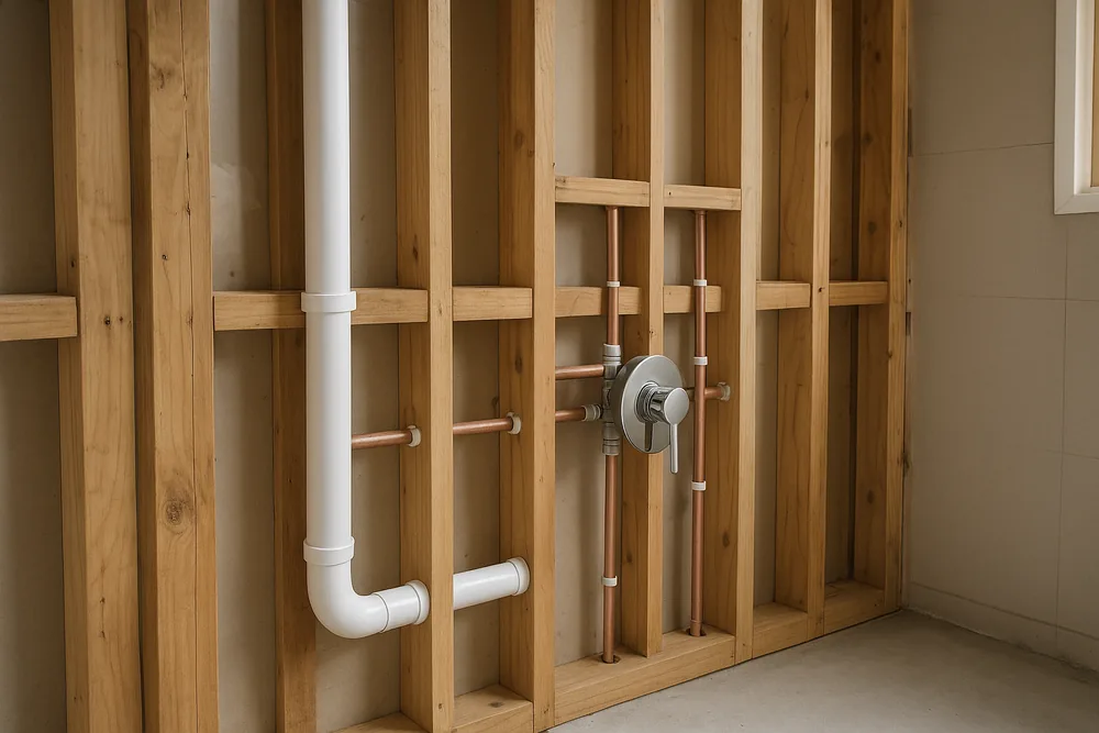 Water and waste pipes roughed in through an open timber bathroom wall frame with a shower mixer body fixed between the studs — bathroom plumbing, Ipswich. Illustrative example.