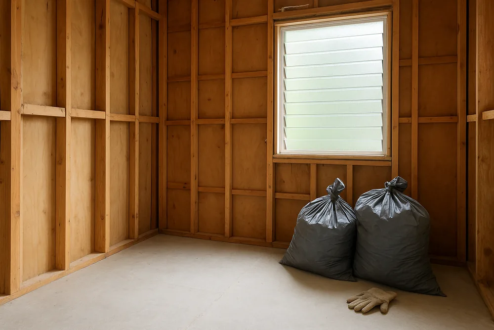 A bathroom stripped back to bare timber wall studs on a fibre-cement floor, grey rubble bags by the door, a work glove resting on a stud and a louvre window — bathroom renovation, Ipswich. Illustrative example.