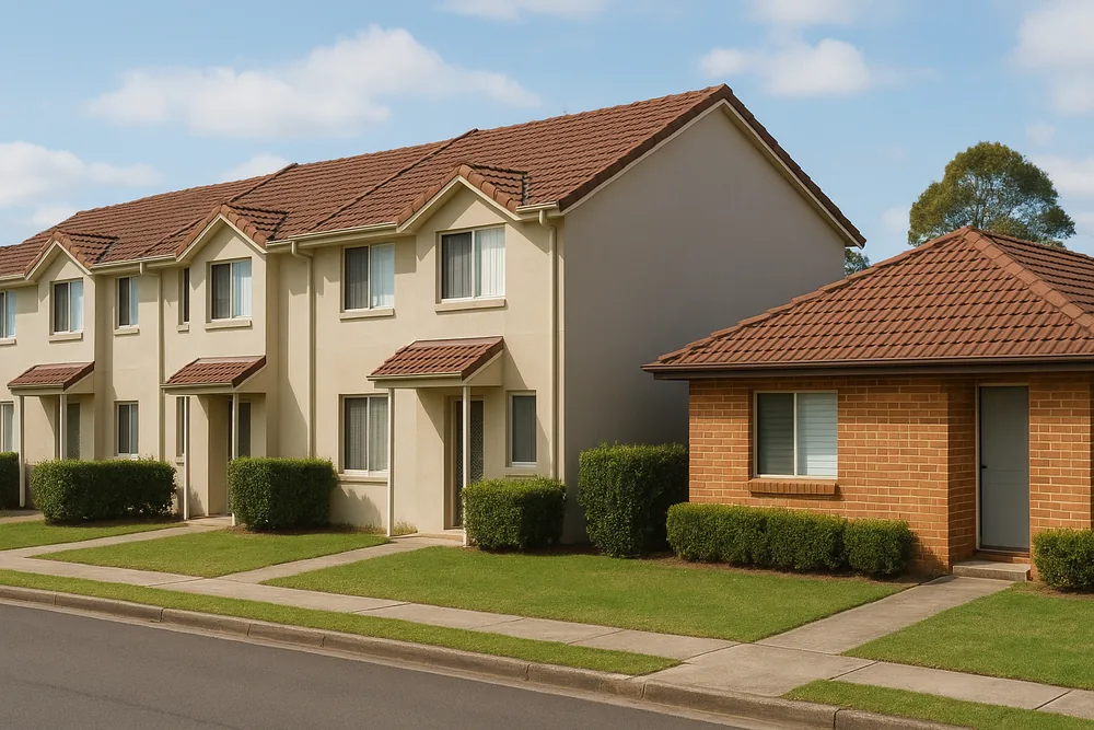 A row of attached two-storey townhouses with rendered walls and tiled roofs and a single-storey brick house at the end of the row, with a footpath and kerb — bathroom renovation, Ipswich. Illustrative example.