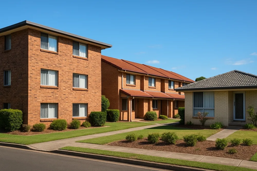 A street with a low-rise brick block of flats beside a row of attached townhouses with tiled roofs and a single-storey house at one end, with a footpath and kerb — bathroom renovation, Ipswich. Illustrative example.