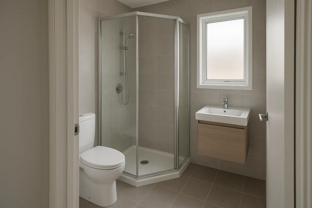 A compact ensuite seen through a bedroom doorway with a glass-screened corner shower, a white toilet and a small wall-hung vanity — ensuite renovation, Ipswich. Illustrative example.