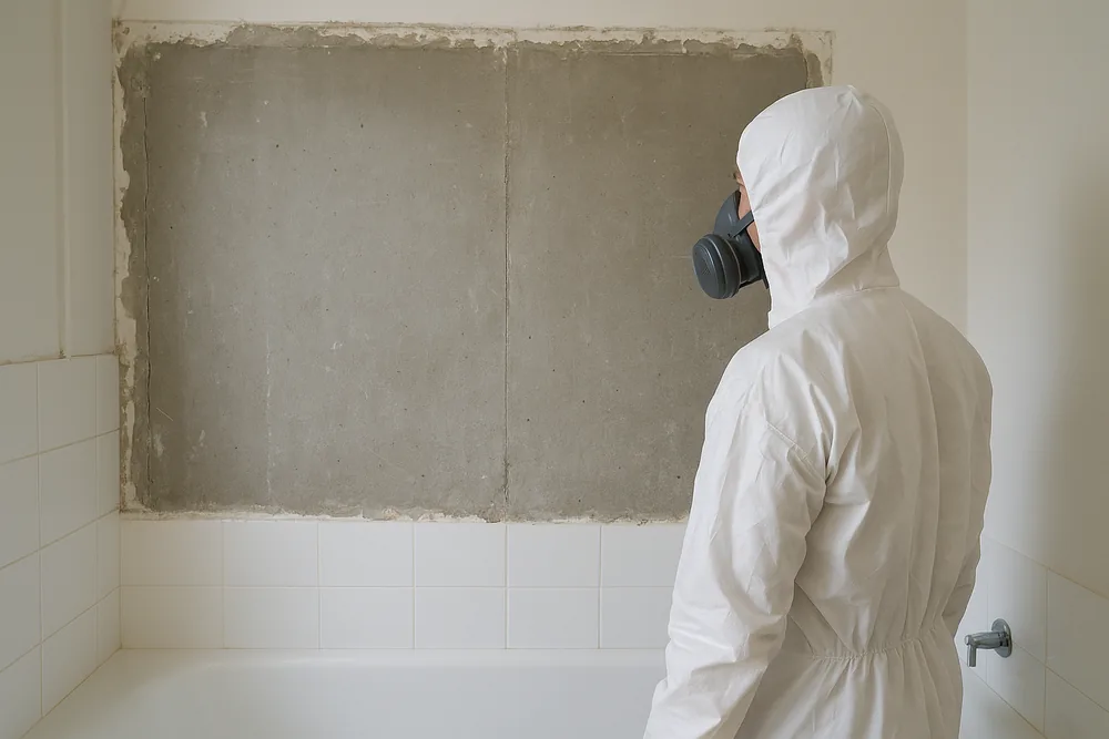 A person in a white disposable coverall and half-face respirator, seen from behind in profile, looking at flat wall sheeting exposed where tiles were removed above a bath — older home bathroom renovation, Ipswich. Illustrative example.