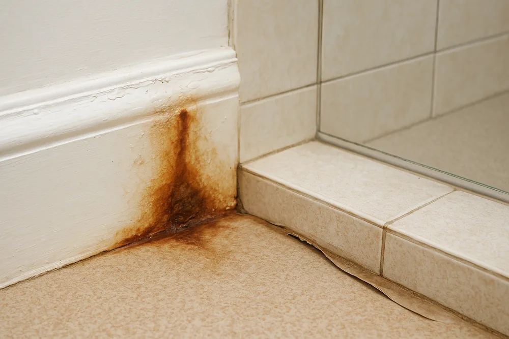 A brown water stain climbing a white painted timber skirting beside a shower wall, the paint bubbled and the floor covering lifting at its edge — shower leak repair, Ipswich. Illustrative example.