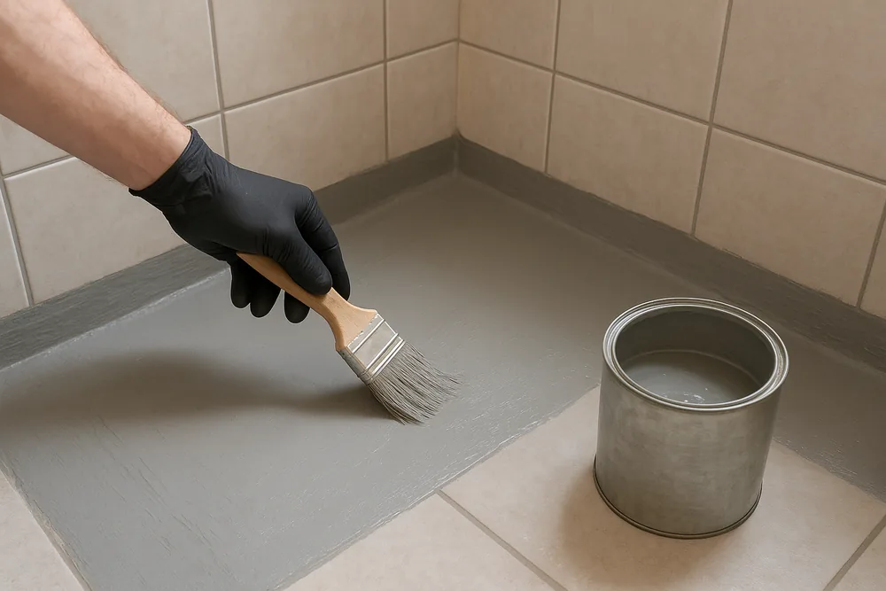 A black-gloved hand brushing a grey liquid membrane over the floor and wall corner of an empty shower recess, a brush and a plain open tin beside it — shower leak repair, Ipswich. Illustrative example.
